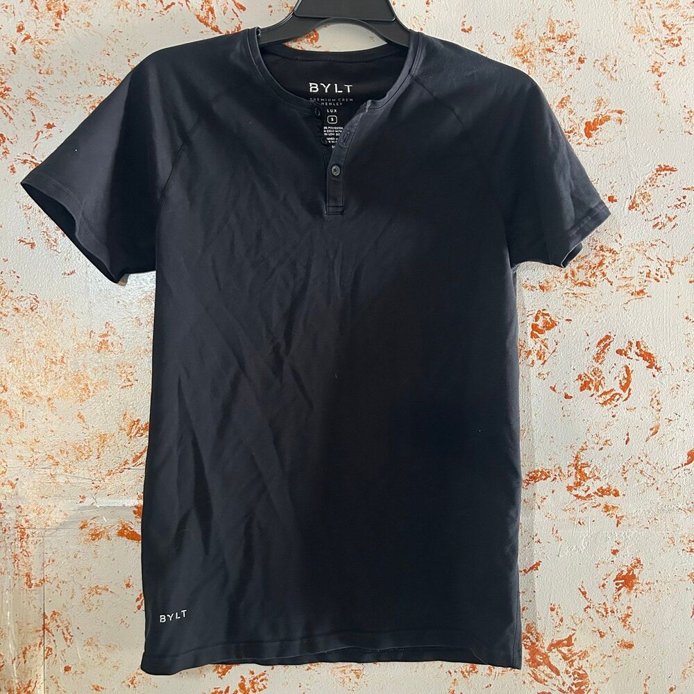 BYLT Premium Basics LUX Henley Shirt Men Small Black Short Sleeve Stretch